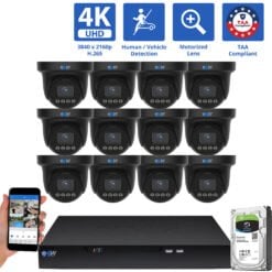16 Channel NVR Security Camera System with 12 * 8MP 4K POE 5X Optical Zoom 2.7-13.5mm Motorized Lens Black Turret Security Camera, TAA Compliant, Human / Vehicle Detection, Face Recognition, Smart AI Analytics, Built-In Mic