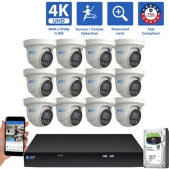 16 Channel NVR Security Camera System with 12 * 8MP 4K POE 5X Optical Zoom 2.7-13.5mm Motorized Lens Turret Security Camera, TAA Compliant, Human / Vehicle Detection, Face Recognition, Smart AI Analytics, Built-In Mic