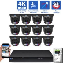 16 Channel NVR Security Camera System with 12 * 8MP 4K IP 2.8mm Fixed Lens Black Turret Security Camera, TAA Compliant, Active Deterrence, Human / Vehicle Detection, Smart AI Analytics, Two-Way Audio, PoE