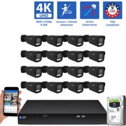 16 Channel NVR Security Camera System with 16 * 8MP 4K IP 2.8mm Fixed Lens Black Bullet Security Camera, TAA Compliant, Active Deterrence, Human / Vehicle Detection, Smart AI Analytics, Two-Way Audio, PoE