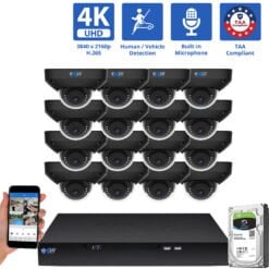 16 Channel NVR Security Camera System with 16 * 8MP 4K IP 2.8mm Fixed Lens Mini Black Dome Security Camera, Human / Vehicle Detection, Smart AI Analytics, Built-In Microphone, PoE