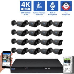 16 Channel NVR Security Camera System with 16 * 8MP 4K IP 2.8mm Fixed Lens Black Bullet Security Camera, Human / Vehicle Detection, Smart AI Analytics, Built-In Microphone, PoE