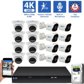 16 Channel NVR Security Camera System with 8 * 8MP 4K IP 2.8mm Fixed Lens Turret Security Camera, 8 * 8MP 4K IP 2.8mm Fixed Lens Bullet Security Camera, Human / Vehicle Detection, Smart AI Analytics, Built-In Microphone, PoE