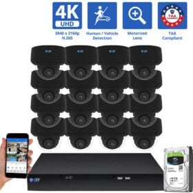 16 Channel NVR Security Camera System with 16 * 8MP 4K POE 5X Optical Zoom 2.7-13.5mm Motorized Lens Black Dome Security Camera, TAA Compliant, Human / Vehicle Detection, Face Recognition, Smart AI Analytics, Built-In Mic