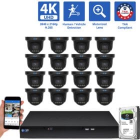 16 Channel NVR Security Camera System with 16 * 8MP 4K POE 5X Optical Zoom 2.7-13.5mm Motorized Lens Black Turret Security Camera, TAA Compliant, Human / Vehicle Detection, Face Recognition, Smart AI Analytics, Built-In Mic