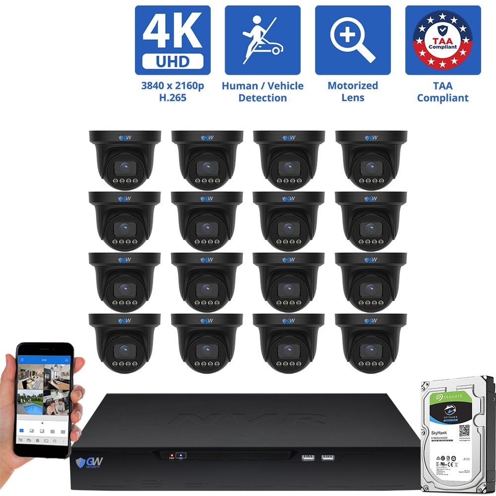 16 Channel NVR Security Camera System with 16 * 8MP 4K POE 5X Optical Zoom 2.7-13.5mm Motorized Lens Black Turret Security Camera, TAA Compliant, Human / Vehicle Detection, Face Recognition, Smart AI Analytics, Built-In Mic