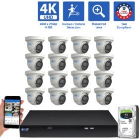 16 Channel NVR Security Camera System with 16 * 8MP 4K POE 5X Optical Zoom 2.7-13.5mm Motorized Lens Turret Security Camera, TAA Compliant, Human / Vehicle Detection, Face Recognition, Smart AI Analytics, Built-In Mic