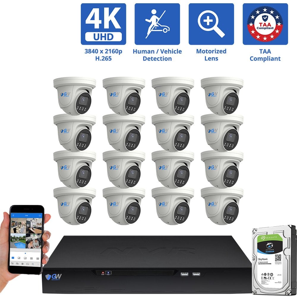 16 Channel NVR Security Camera System with 16 * 8MP 4K POE 5X Optical Zoom 2.7-13.5mm Motorized Lens Turret Security Camera, TAA Compliant, Human / Vehicle Detection, Face Recognition, Smart AI Analytics, Built-In Mic