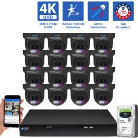 16 Channel NVR Security Camera System with 16 * 8MP 4K IP 2.8mm Fixed Lens Black Turret Security Camera, TAA Compliant, Active Deterrence, Human / Vehicle Detection, Smart AI Analytics, Two-Way Audio, PoE