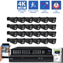 32 Channel NVR Security Camera System with 24 * 8MP 4K IP 2.8mm Fixed Lens Black Bullet Security Camera, TAA Compliant, Active Deterrence, Human / Vehicle Detection, Smart AI Analytics, Two-Way Audio, PoE