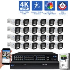 32 Channel NVR Security Camera System with 24 * 8MP 4K IP 4mm Fixed Lens Bullet Security Camera, TAA Compliance, Full-Time Color Night Vision, Two-Way Audio,  Human / Vehicle Detection,  Face Recognition, Smart AI Analytics, PoE