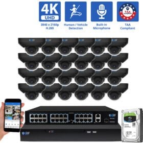 32 Channel NVR Security Camera System with 24 * 8MP 4K IP 2.8mm Fixed Lens Mini Black Dome Security Camera, Human / Vehicle Detection, Smart AI Analytics, Built-In Microphone, PoE
