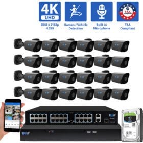 32 Channel NVR Security Camera System with 24 * 8MP 4K IP 2.8mm Fixed Lens Black Bullet Security Camera, Human / Vehicle Detection, Smart AI Analytics, Built-In Microphone, PoE