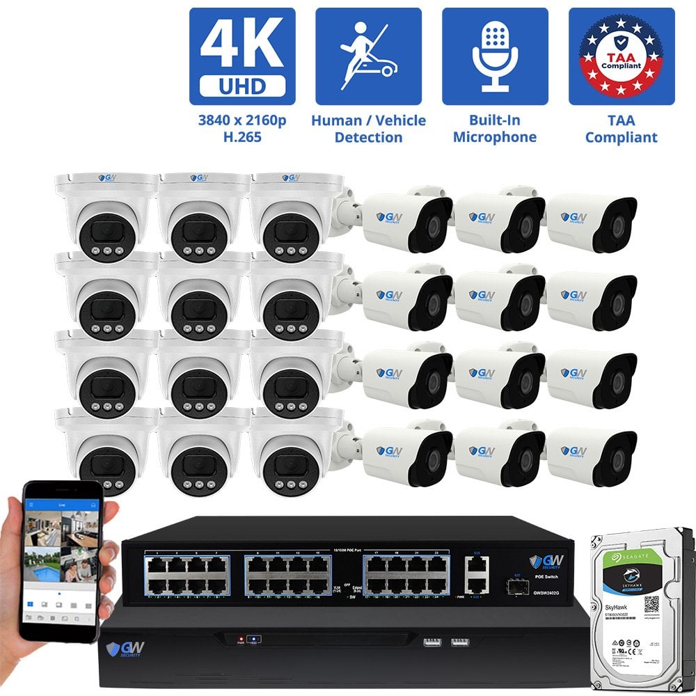 32 Channel NVR Security Camera System with 12 * 8MP 4K IP 2.8mm Fixed Lens Turret Security Camera, 12 * 8MP 4K IP 2.8mm Fixed Lens Bullet Security Camera, Human / Vehicle Detection, Smart AI Analytics, Built-In Microphone, PoE