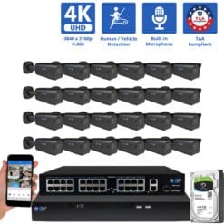 32 Channel NVR Security Camera System with 24 * 8MP IP 5X Optical Zoom 2.7-13.5mm Motorized Lens Black Bullet Security Camera, Human / Vehicle Detection, Smart AI Analytics, Built-In Microphone, PoE
