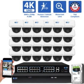 32 Channel NVR Security Camera System with 24 * 8MP 4K POE 5X Optical Zoom 2.7-13.5mm Motorized Lens Dome Security Camera, TAA Compliant, Human / Vehicle Detection, Face Recognition, Smart AI Analytics, Built-In Mic