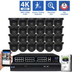 32 Channel NVR Security Camera System with 24 * 8MP 4K POE 5X Optical Zoom 2.7-13.5mm Motorized Lens Black Turret Security Camera, TAA Compliant, Human / Vehicle Detection, Face Recognition, Smart AI Analytics, Built-In Mic