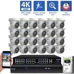 32 Channel NVR Security Camera System with 24 * 8MP 4K POE 5X Optical Zoom 2.7-13.5mm Motorized Lens Turret Security Camera, TAA Compliant, Human / Vehicle Detection, Face Recognition, Smart AI Analytics, Built-In Mic