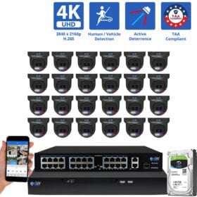 32 Channel NVR Security Camera System with 24 * 8MP 4K IP 2.8mm Fixed Lens Black Turret Security Camera, TAA Compliant, Active Deterrence, Human / Vehicle Detection, Smart AI Analytics, Two-Way Audio, PoE