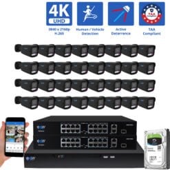 32 Channel NVR Security Camera System with 32 * 8MP 4K IP 2.8mm Fixed Lens Black Bullet Security Camera, TAA Compliant, Active Deterrence, Human / Vehicle Detection, Smart AI Analytics, Two-Way Audio, PoE