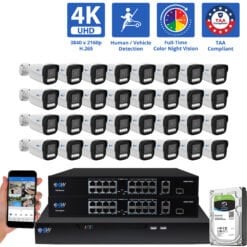 32 Channel NVR Security Camera System with 32 * 8MP 4K IP 4mm Fixed Lens Bullet Security Camera, TAA Compliance, Full-Time Color Night Vision, Two-Way Audio,  Human / Vehicle Detection,  Face Recognition, Smart AI Analytics, PoE