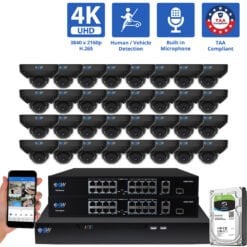 32 Channel NVR Security Camera System with 32 * 8MP 4K IP 2.8mm Fixed Lens Black Mini Dome Security Camera, Human / Vehicle Detection, Smart AI Analytics, Built-In Microphone, PoE