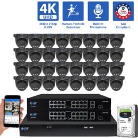 32 Channel NVR Security Camera System with 32 * 8MP 4K IP 2.8mm Fixed Lens Black Turret Security Camera, Human / Vehicle Detection, Smart AI Analytics, Built-In Microphone, PoE