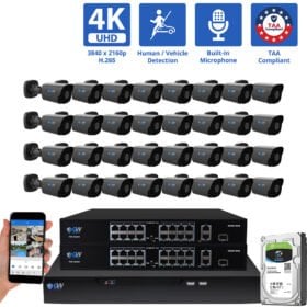 32 Channel NVR Security Camera System with 32 * 8MP 4K IP 2.8mm Fixed Lens Black Bullet Security Camera, Human / Vehicle Detection, Smart AI Analytics, Built-In Microphone, PoE