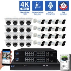 32 Channel NVR Security Camera System with 16 * 8MP 4K IP 2.8mm Fixed Lens Turret Security Camera, 16 * 8MP 4K IP 2.8mm Fixed Lens Bullet Security Camera, Human / Vehicle Detection, Smart AI Analytics, Built-In Microphone, PoE
