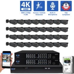 32 Channel NVR Security Camera System with 32 * 8MP IP 5X Optical Zoom 2.7-13.5mm Motorized Lens Black Bullet Security Camera, Human / Vehicle Detection, Smart AI Analytics, Built-In Microphone, PoE