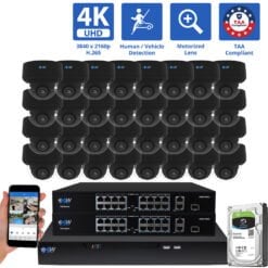32 Channel NVR Security Camera System with 32 * 8MP 4K POE 5X Optical Zoom 2.7-13.5mm Motorized Lens Black Dome Security Camera, TAA Compliant, Human / Vehicle Detection, Face Recognition, Smart AI Analytics, Built-In Mic