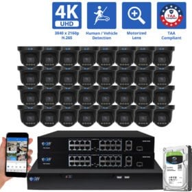 32 Channel NVR Security Camera System with 32 * 8MP 4K POE 5X Optical Zoom 2.7-13.5mm Motorized Lens Black Turret Security Camera, TAA Compliant, Human / Vehicle Detection, Face Recognition, Smart AI Analytics, Built-In Mic