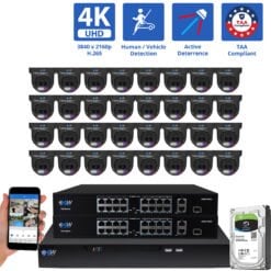 32 Channel NVR Security Camera System with 32 * 8MP 4K IP 2.8mm Fixed Lens Black Turret Security Camera, TAA Compliant, Active Deterrence, Human / Vehicle Detection, Smart AI Analytics, Two-Way Audio, PoE