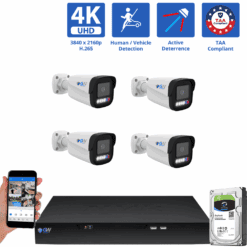 8 Channel NVR Security Camera System with 4 * 8MP 4K IP 2.8mm Fixed Lens Bullet Security Camera, TAA Compliant, Active Deterrence, Human / Vehicle Detection, Smart AI Analytics, Two-Way Audio, PoE