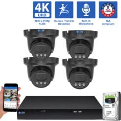 8 Channel NVR Security Camera System with 4 * 8MP 4K IP 2.8mm Fixed Lens Black Turret Security Camera, Human / Vehicle Detection, Smart AI Analytics, Built-In Microphone, PoE