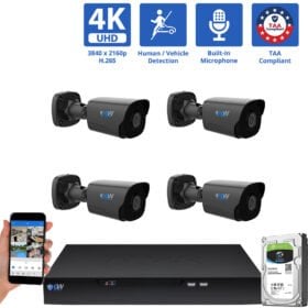 8 Channel NVR Security Camera System with 4 * 8MP 4K IP 2.8mm Fixed Lens Black Bullet Security Camera, Human / Vehicle Detection, Smart AI Analytics, Built-In Microphone, PoE