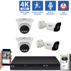 8 Channel NVR Security Camera System with 2 * 8MP 4K IP 2.8mm Fixed Lens Turret Security Camera, 2 * 8MP 4K IP 2.8mm Fixed Lens Bullet Security Camera, Human / Vehicle Detection, Smart AI Analytics, Built-In Microphone, PoE