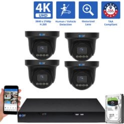 8 Channel NVR Security Camera System with 4 * 8MP 4K POE 5X Optical Zoom 2.7-13.5mm Motorized Lens Black Turret Security Camera, TAA Compliant, Human / Vehicle Detection, Smart AI Analytics, Built-In Mic