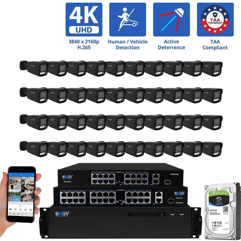 64 Channel NVR Security Camera System with 64 * 8MP 4K IP 2.8mm Fixed Lens Black Bullet Security Camera, TAA Compliant, Active Deterrence, Human / Vehicle Detection, Smart AI Analytics, Two-Way Audio, PoE