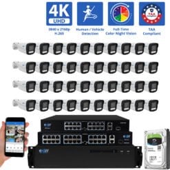 64 Channel NVR Security Camera System with 40 * 8MP 4K IP 2.8mm Fixed Lens Bullet Security Camera, TAA Compliance, Full-Time Color Night Vision, Two-Way Audio,  Human / Vehicle Detection,  Face Recognition, Smart AI Analytics, PoE
