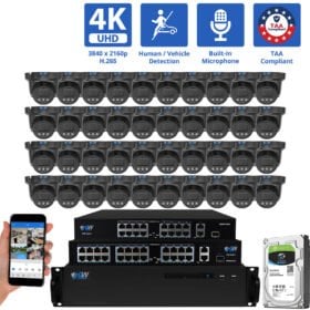 64 Channel NVR Security Camera System with 40 * 8MP 4K IP 2.8mm Fixed Lens Black Turret Security Camera, Human / Vehicle Detection, Smart AI Analytics, Built-In Microphone, PoE