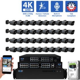 64 Channel NVR Security Camera System with 40 * 8MP 4K IP 2.8mm Fixed Lens Black Bullet Security Camera, Human / Vehicle Detection, Smart AI Analytics, Built-In Microphone, PoE