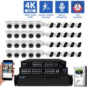 64 Channel NVR Security Camera System with 20 * 8MP 4K IP 2.8mm Fixed Lens Turret Security Camera, 20 * 8MP 4K IP 2.8mm Fixed Lens Bullet Security Camera, Human / Vehicle Detection, Smart AI Analytics, Built-In Microphone, PoE