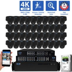 64 Channel NVR Security Camera System with 40 * 8MP 4K POE 5X Optical Zoom 2.7-13.5mm Motorized Lens Black Dome Security Camera, TAA Compliant, Human / Vehicle Detection, Face Recognition, Smart AI Analytics, Built-In Mic
