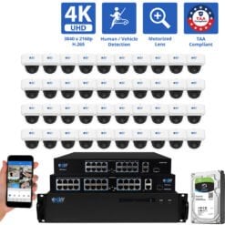 64 Channel NVR Security Camera System with 40 * 8MP 4K POE 5X Optical Zoom 2.7-13.5mm Motorized Lens Dome Security Camera, TAA Compliant, Human / Vehicle Detection, Face Recognition, Smart AI Analytics, Built-In Mic