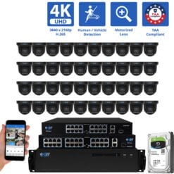 64 Channel NVR Security Camera System with 40 * 8MP 4K POE 5X Optical Zoom 2.7-13.5mm Motorized Lens Black Turret Security Camera, TAA Compliant, Human / Vehicle Detection, Face Recognition, Smart AI Analytics, Built-In Mic