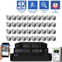 64 Channel NVR Security Camera System with 40 * 8MP 4K POE 5X Optical Zoom 2.7-13.5mm Motorized Lens Turret Security Camera, TAA Compliant, Human / Vehicle Detection, Face Recognition, Smart AI Analytics, Built-In Mic