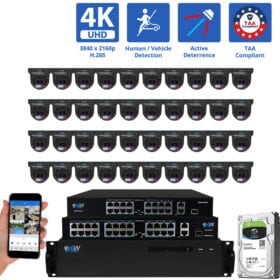 64 Channel NVR Security Camera System with 40 * 8MP 4K IP 2.8mm Fixed Lens Black Turret Security Camera, TAA Compliant, Active Deterrence, Human / Vehicle Detection, Smart AI Analytics, Two-Way Audio, PoE