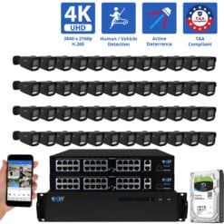 64 Channel NVR Security Camera System with 48 * 8MP 4K IP 2.8mm Fixed Lens Black Bullet Security Camera, TAA Compliant, Active Deterrence, Human / Vehicle Detection, Smart AI Analytics, Two-Way Audio, PoE