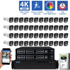 64 Channel NVR Security Camera System with 48 * 8MP 4K IP 2.8mm Fixed Lens Bullet Security Camera, TAA Compliance, Full-Time Color Night Vision, Two-Way Audio,  Human / Vehicle Detection,  Face Recognition, Smart AI Analytics, PoE